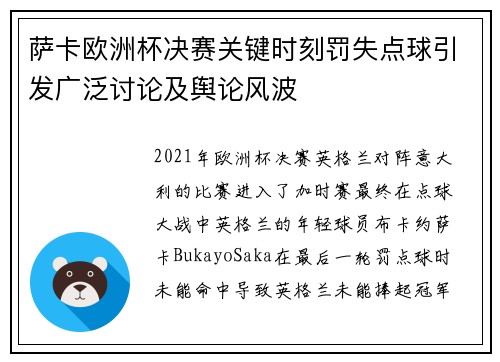 萨卡欧洲杯决赛关键时刻罚失点球引发广泛讨论及舆论风波