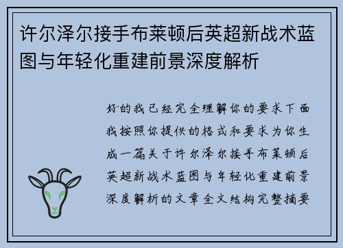 许尔泽尔接手布莱顿后英超新战术蓝图与年轻化重建前景深度解析